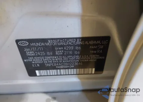 2011 Hyundai Sonata Gls z USA, uszkodzony, nr VIN 5NPEB4AC2BH223646